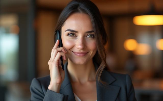 Professional, friendly female concierge on a phone call, looking attentive