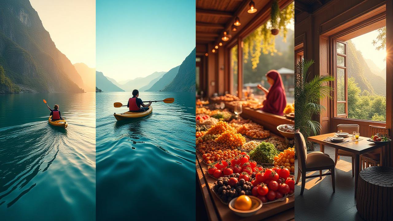 Diverse adventure scenes: person kayaking on still fjord, street photography in a bustling market, view from a luxury lodge balcony overlooking mountains