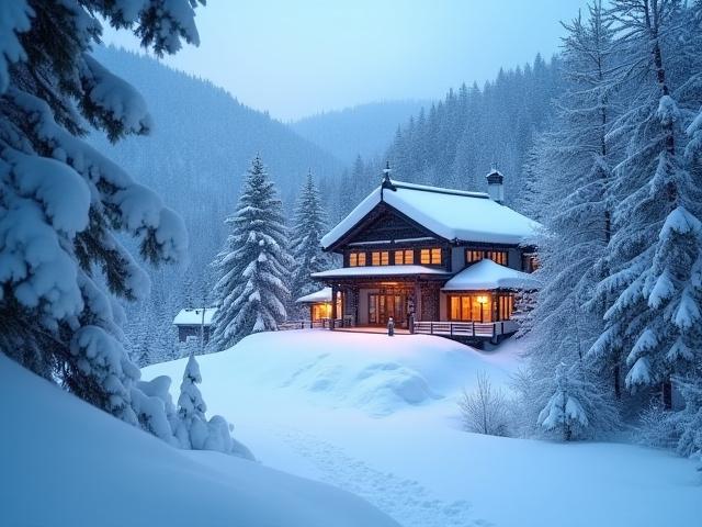 Snowy Japanese Alps and a traditional Ryokan entrance