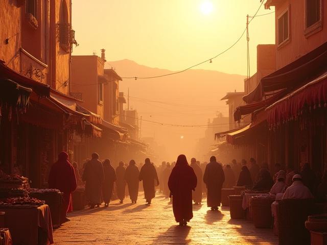 View of Djemaa el-Fna square in Marrakech and a desert landscape