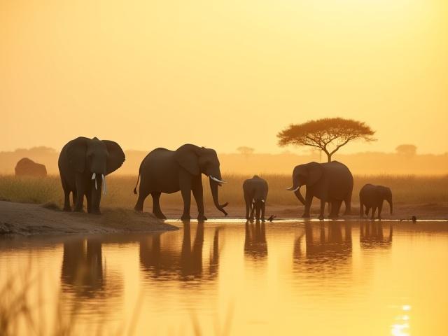 Herd of elephants by a watering hole in the Okavango Delta during sunset
