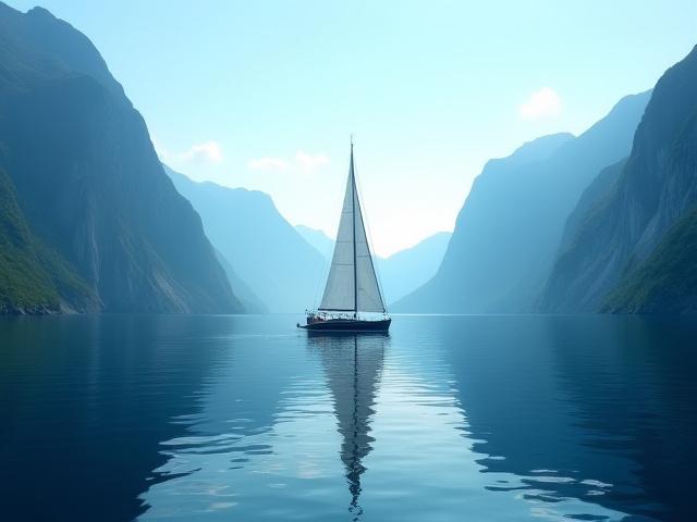 A sailboat navigating the calm, deep blue waters of a Norwegian fjord with steep, green mountains on either side