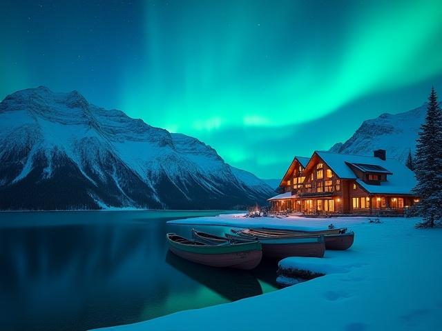 Luxury lodge in Alaskan wilderness during aurora borealis, with snow-capped mountains