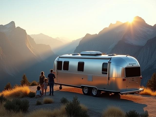 Luxury RV parked at a scenic viewpoint in a US National Park with a family enjoying the view