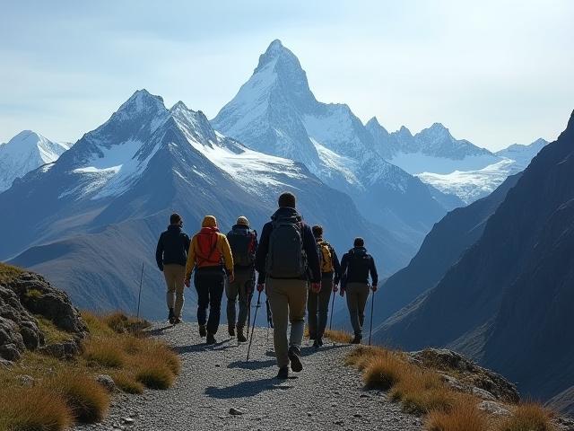 Team of executives trekking through the rugged beautiful mountains of Patagonia