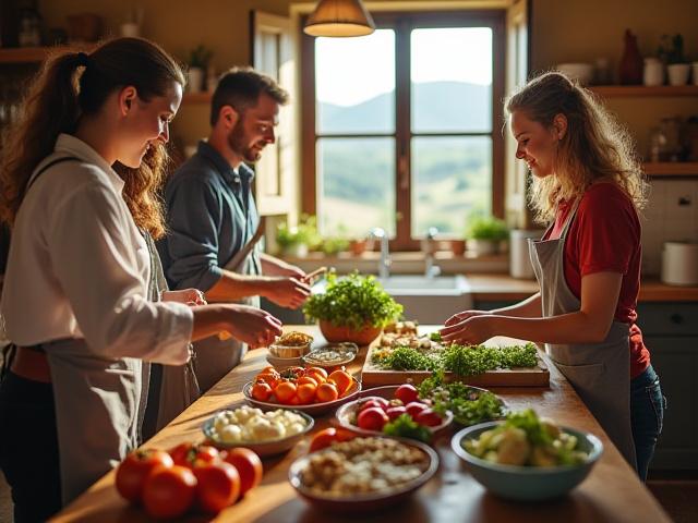 Friends enjoying a cooking class in a beautiful private villa in Tuscany
