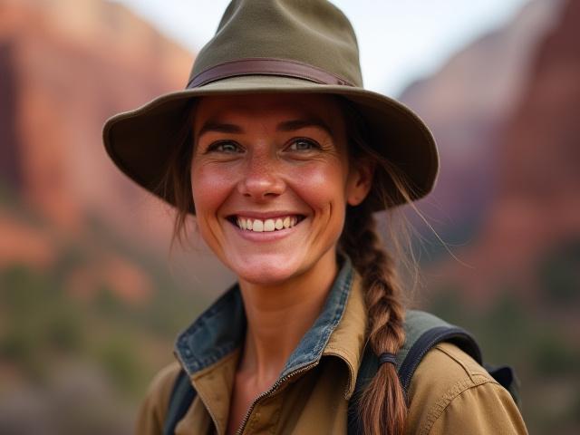 Portrait of Trevaldonexium lead guide Sarah, smiling confidently against a backdrop of red rock canyons.