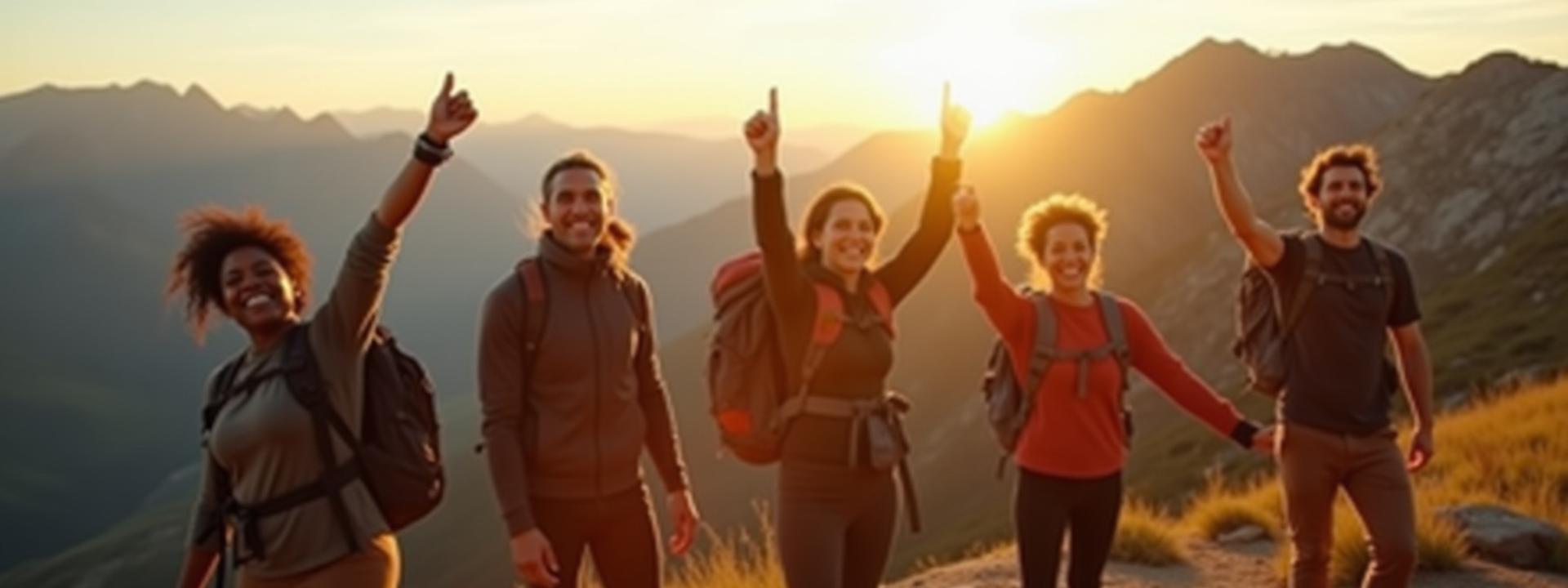 A diverse group of smiling hikers with a professional guide, celebrating at a scenic mountain overlook with majestic peaks in the background during golden hour.