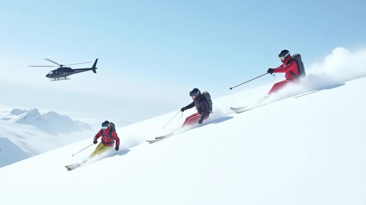 Heli-skiers descending a pristine, powder-covered Alaskan mountain slope with a helicopter in the background.