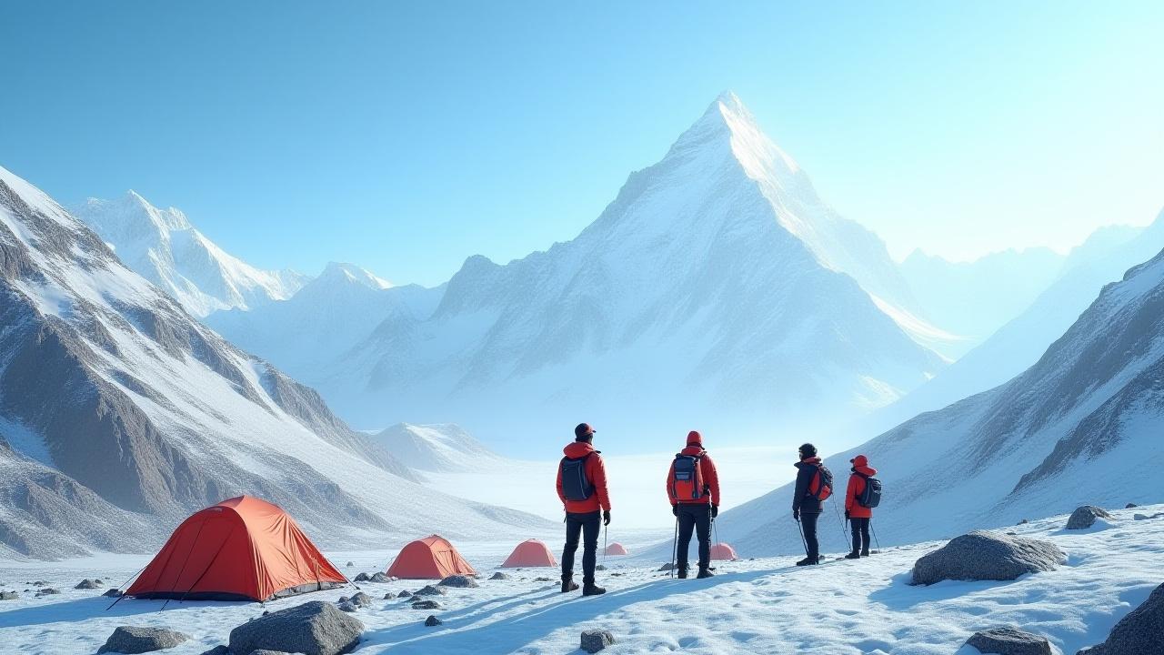 Panoramic view of Everest Base Camp with tents and a group of executives, serene and majestic.