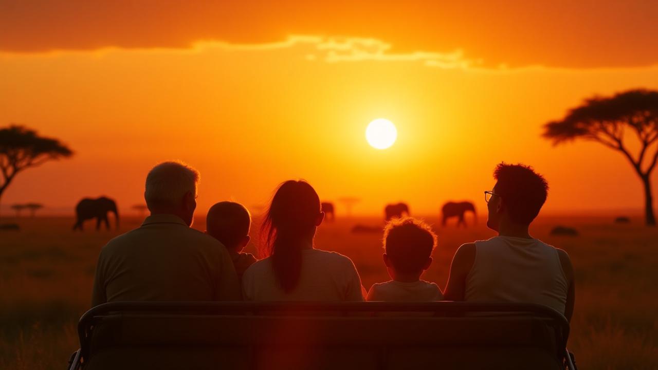 Multi-generational family on a luxury safari vehicle, viewing a herd of elephants at sunset in the Serengeti.