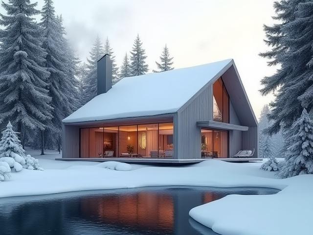 Modern luxury cabin nestled in a snowy, pristine forest with reflections in a tranquil lake