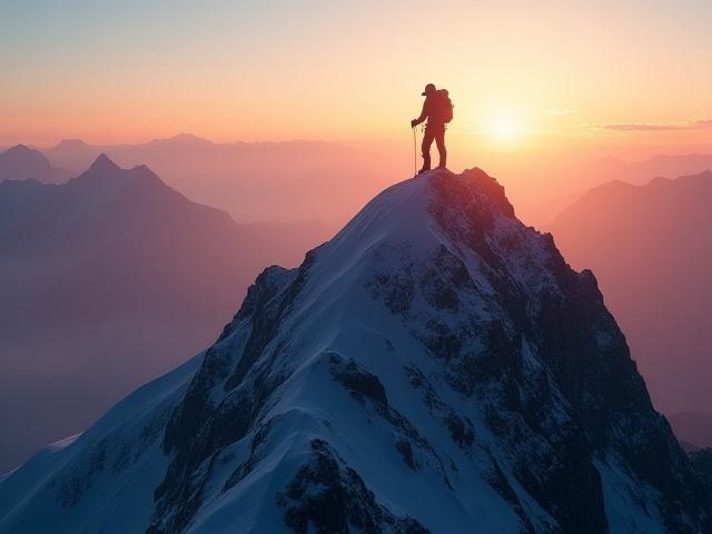 Climber on a rugged mountain peak at sunrise