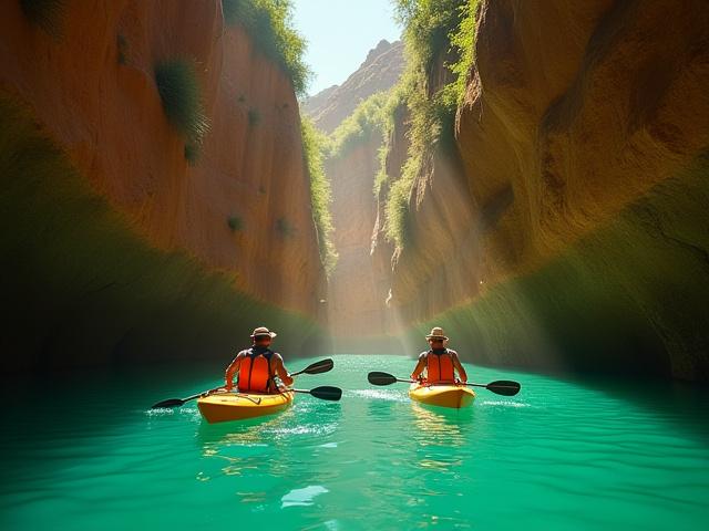 Adventurers kayaking through a serene, turquoise water canyon on a sunny day