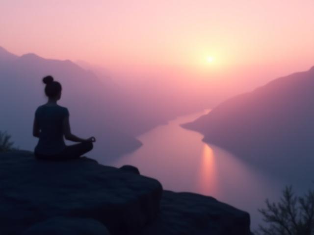 Person meditating at sunrise with a panoramic view of misty mountains and a serene lake below