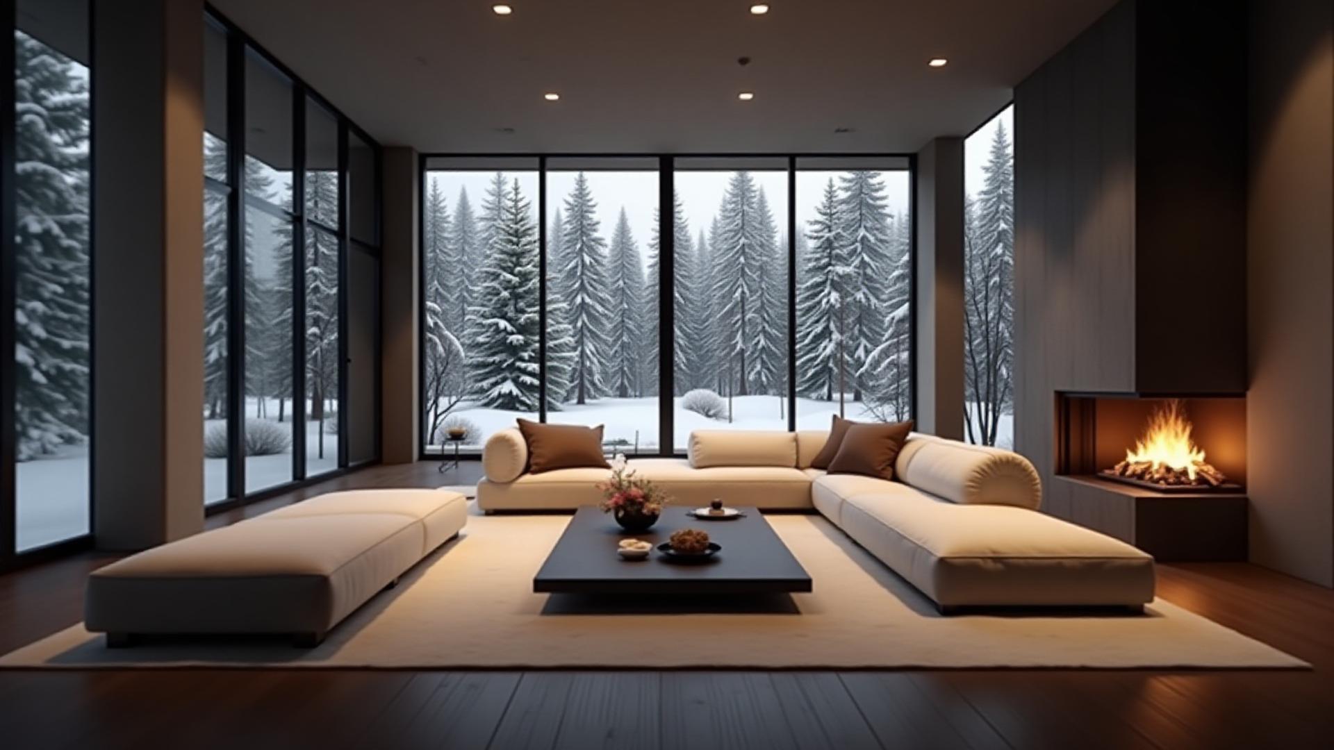 Modern, spacious living room interior of a luxury cabin in Aspen, Colorado with large windows overlooking a snowy forest.