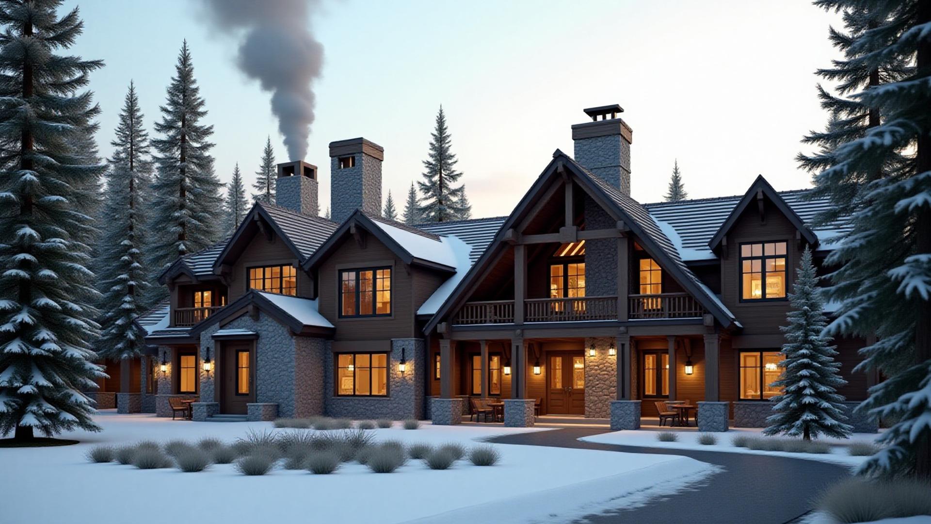 Grand rustic lodge exterior in Big Sky, Montana, surrounded by pine trees, with smoke rising from a stone chimney.