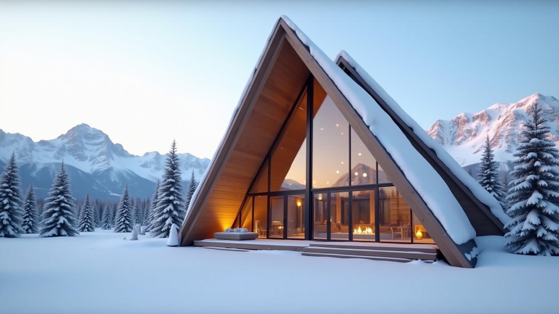 Panoramic view of A-frame luxury cabin in Jackson Hole, Wyoming with Teton mountains in the background.