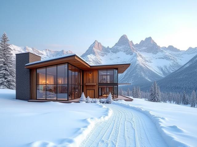 Exterior of 'The Aerie' luxury cabin in Jackson Hole, showing large windows and a view of snow-capped mountains.