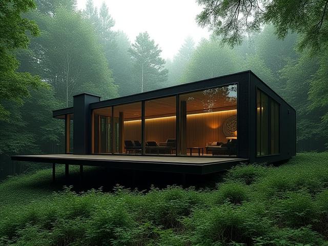 Minimalist 'Glass House' in The Catskills with floor-to-ceiling windows blending seamlessly with the surrounding forest.