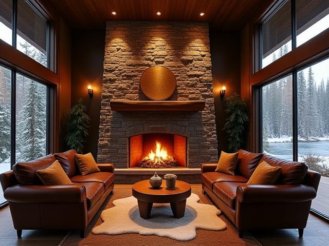 Interior of 'Stillwater Lodge' with a massive stone fireplace, plush seating, and river views through expansive windows.