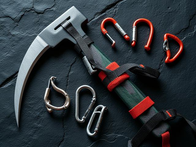 Petzl climbing harness, ice axe, and carabiners