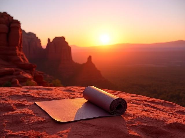 Vibrant red rock formations at sunrise in Sedona, Arizona, with a yoga mat visible