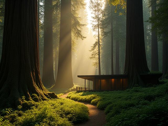 Sun-dappled ancient redwood forest with a small, serene luxury cabin
