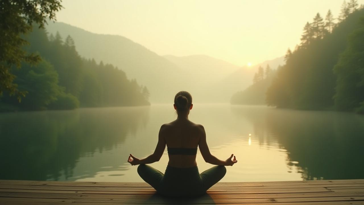 Person practicing yoga on a deck overlooking a misty forest at dawn
