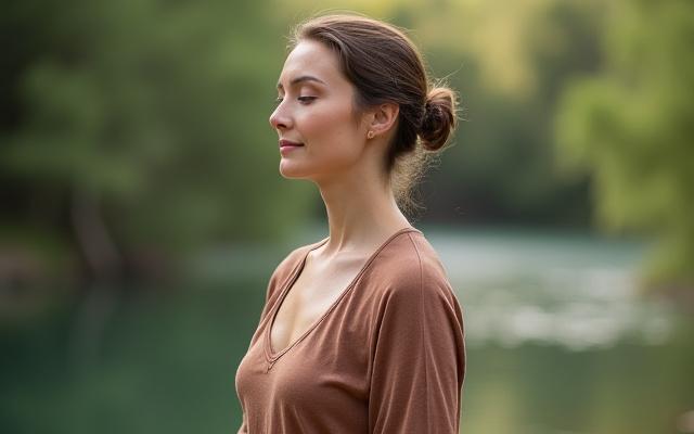 Portrait of a serene female wellness practitioner leading a group meditation in a natural, calm setting