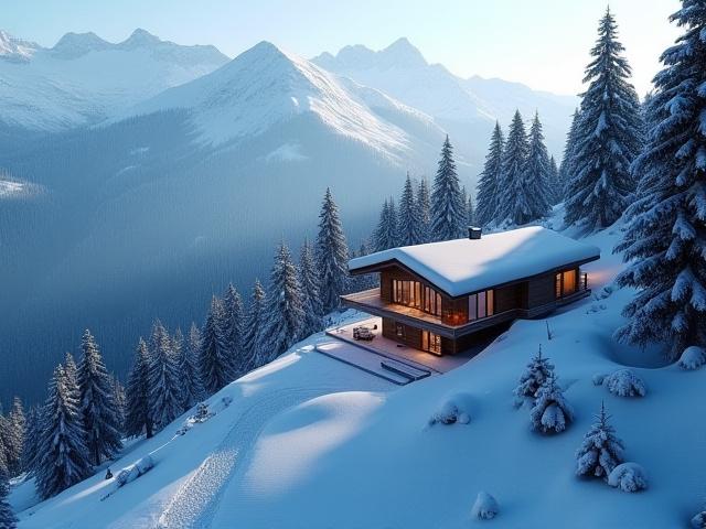 Snow-covered mountain slope with a luxury alpine cabin, implying mindful skiing and fireside meditation